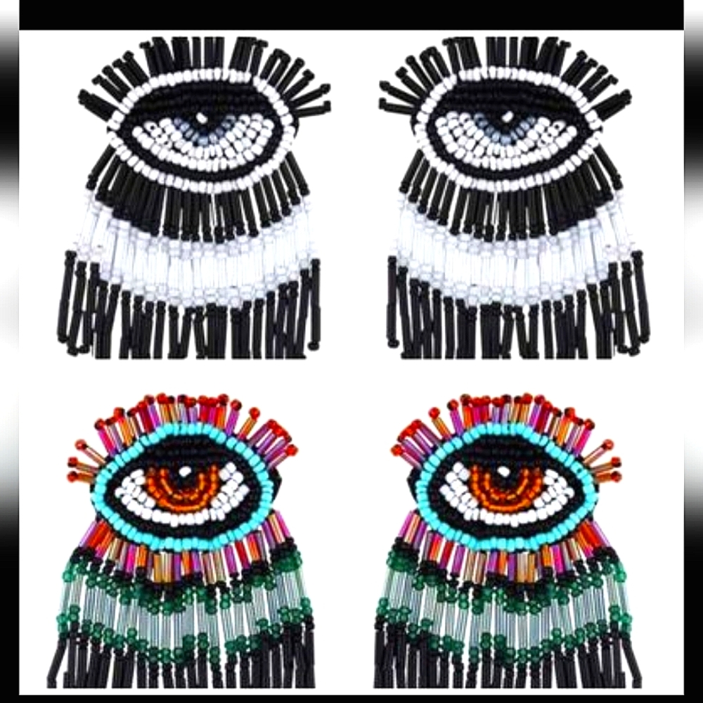 Beaded eye fringe statement earrings